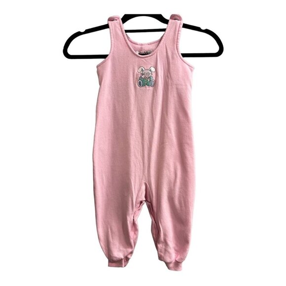 Vintage Okie Dokie Baby Girls 24 Months Pink Bubble Overalls Cotton Easter Bunny - Picture 1 of 8